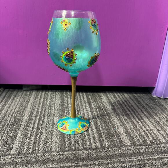 Hand Painted Peacock Wine Glass Teal Blue Gold Jeweled Stem Hand Wash Only - Picture 2 of 6
